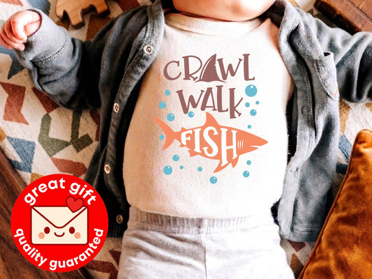 Crawl Walk Fish Baby Onesie, Shark Fishing Bodysuit, Future Fisherman Outfit, New Dad Gift, Baby Boy Shower Gift, Ocean Nursery Clothes