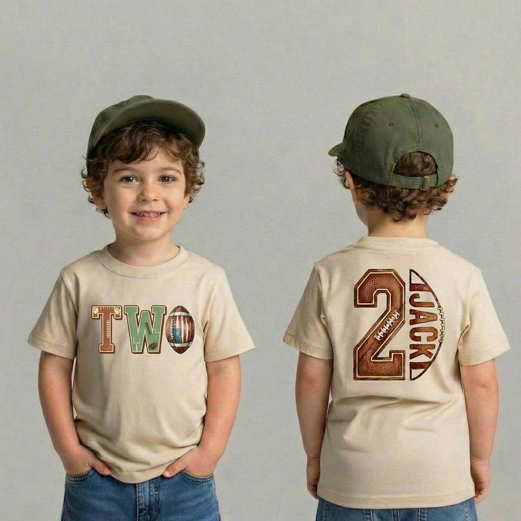 Personalized 2nd Birthday Football Shirt, Custom Name Two Year Old Boy Toddler Tee, Second Birthday Party Outfit, Youth Football T-Shirt