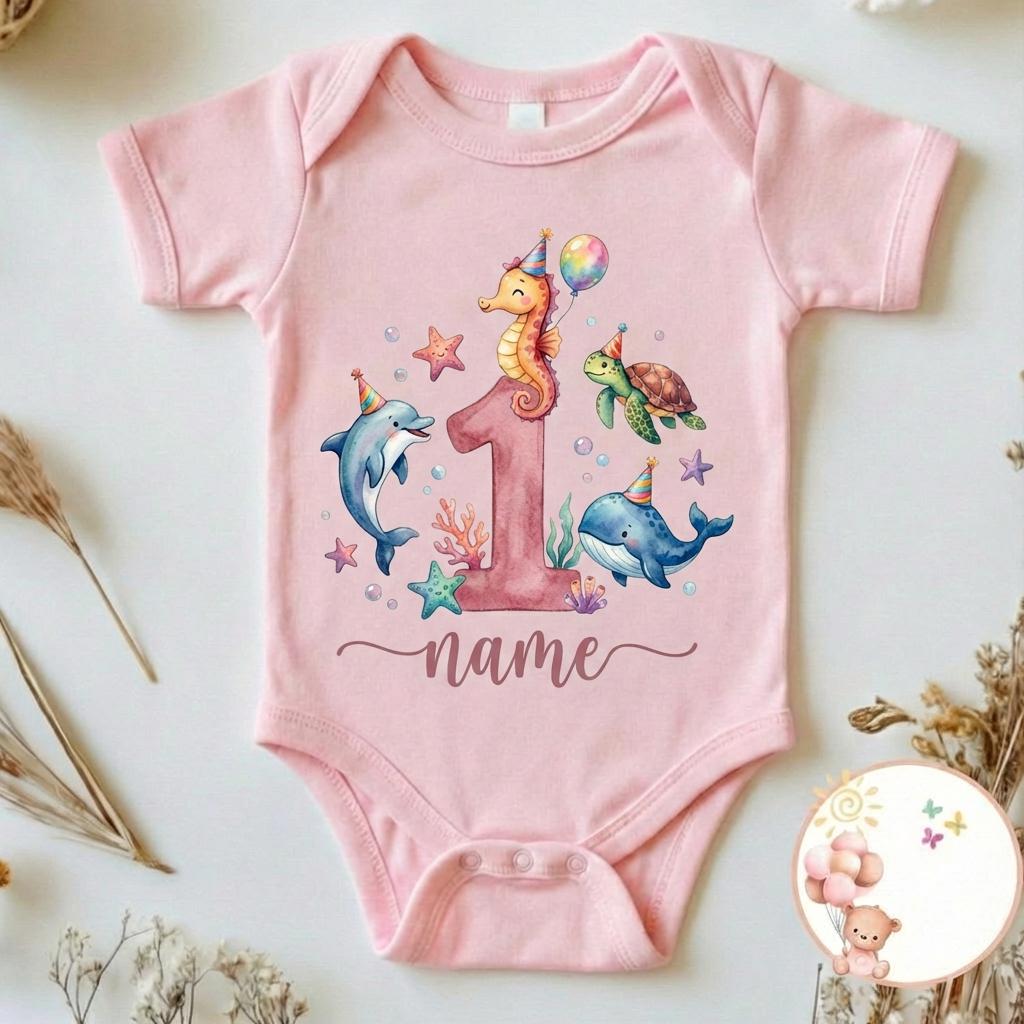 Personalized Ocean 1st Birthday Onesie, Watercolor Sea Creature Custom Baby Outfit, Whale Dolphin Seahorse Turtle First Birthday Shirt