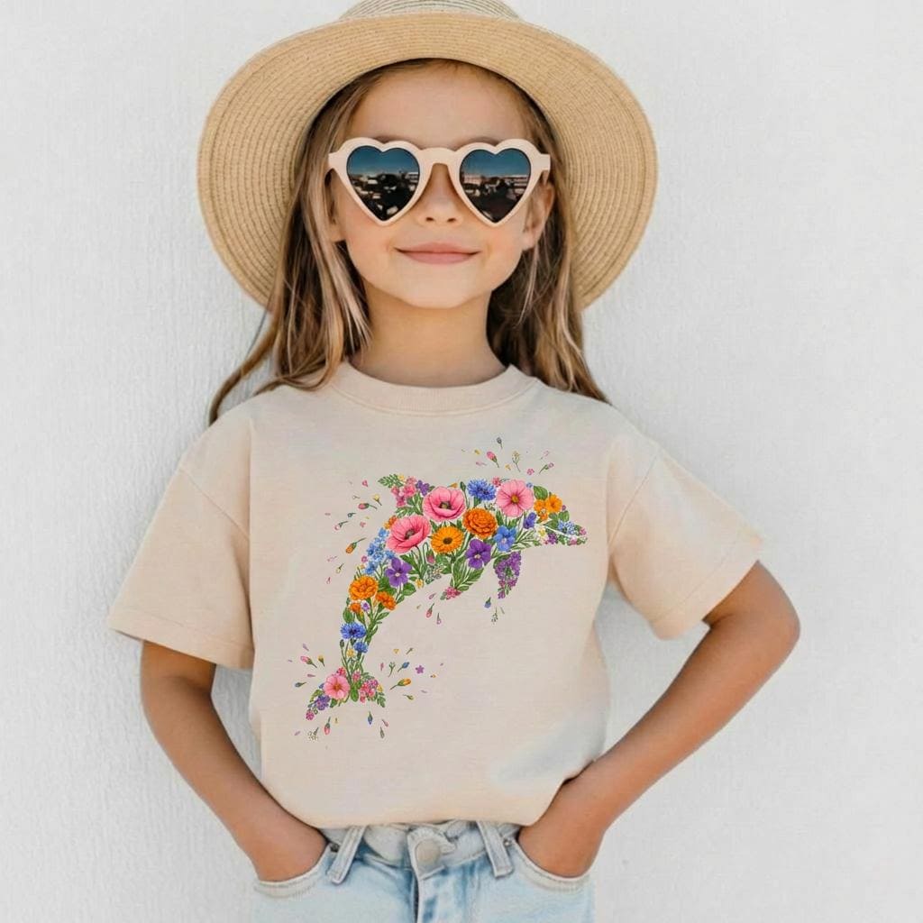 Floral Dolphin Kids Shirt, Boho Ocean Animal Toddler Tee, Western Summer Beach Outfit, Cute Marine Life Youth Sweatshirt Gift