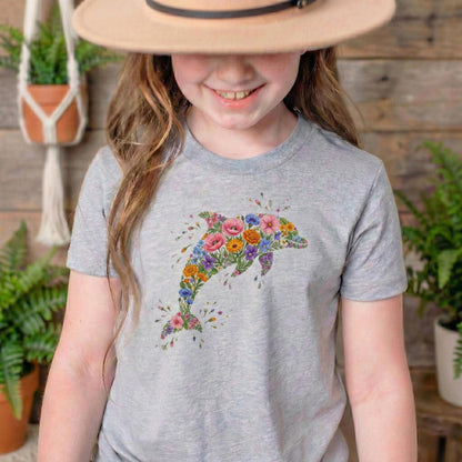 Floral Dolphin Kids Shirt, Boho Ocean Animal Toddler Tee, Western Summer Beach Outfit, Cute Marine Life Youth Sweatshirt Gift