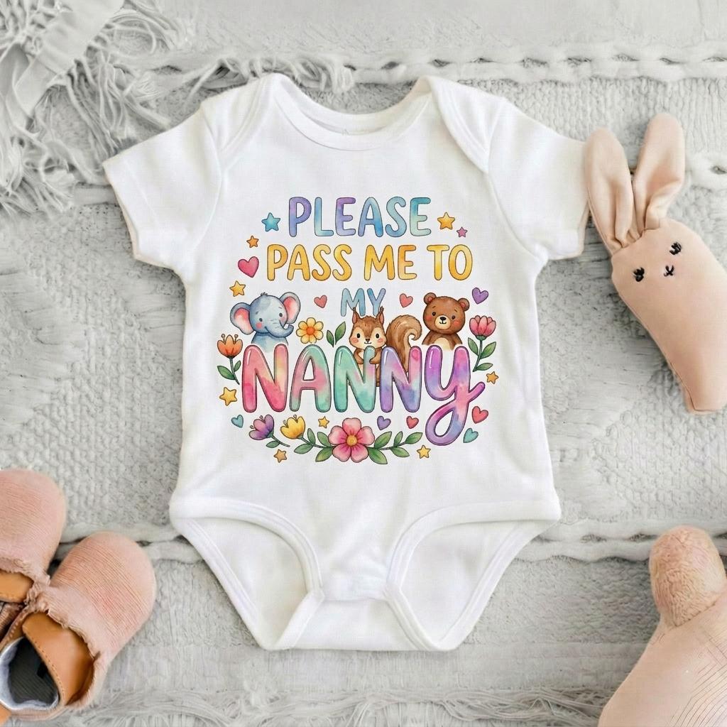 Please Pass Me To Nanny Bodysuit, Floral Baby Girl Onesie, Nanny Gift from Grandchild, Pregnancy Announcement, Baby Shower Gift