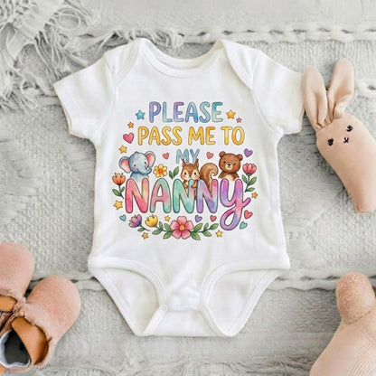 Please Pass Me To Nanny Bodysuit, Floral Baby Girl Onesie, Nanny Gift from Grandchild, Pregnancy Announcement, Baby Shower Gift
