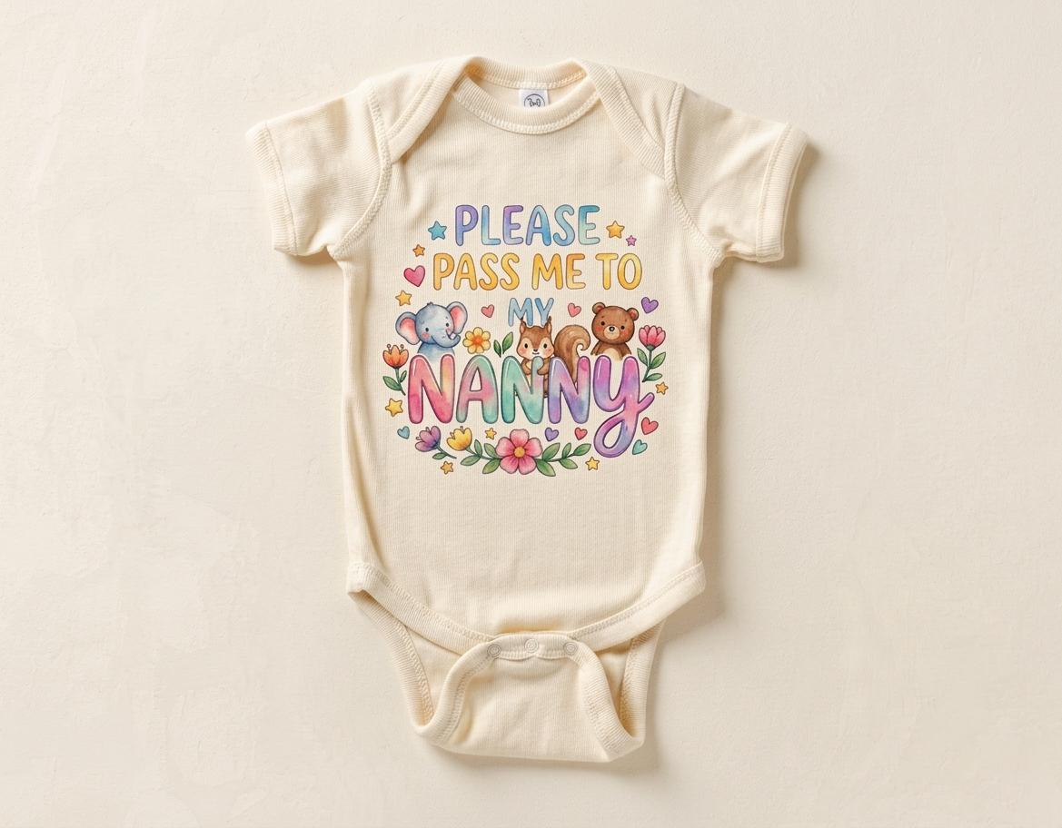 Please Pass Me To Nanny Bodysuit, Floral Baby Girl Onesie, Nanny Gift from Grandchild, Pregnancy Announcement, Baby Shower Gift
