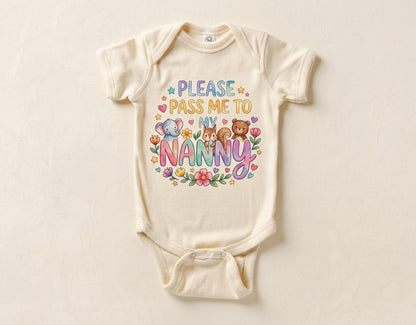 Please Pass Me To Nanny Bodysuit, Floral Baby Girl Onesie, Nanny Gift from Grandchild, Pregnancy Announcement, Baby Shower Gift