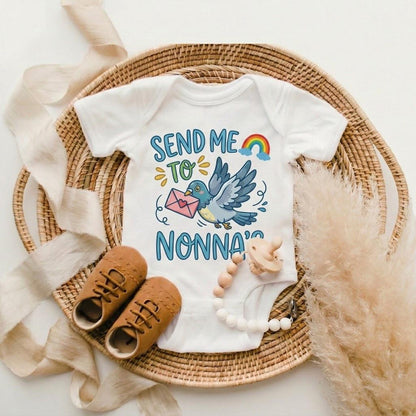 Baby Bodysuit, Send Me To Nonna's, Grandma Gift, Toddler Clothing, Bird Mail Design