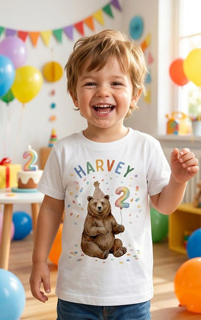 Personalized Bear Birthday Shirt, Custom Name Rainbow Party Tee