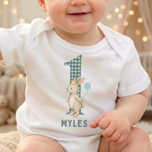 Sage Green Rabbit Birthday Bodysuit – Custom Year, Baby Boy Outfit