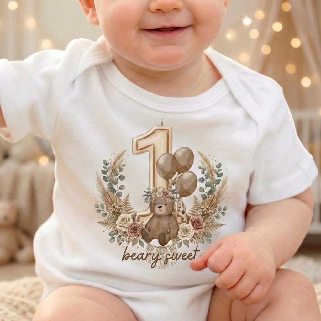 Beary Sweet 1st Birthday Bodysuit, Boho Teddy Bear Outfit, Woodland Baby Shower Gift