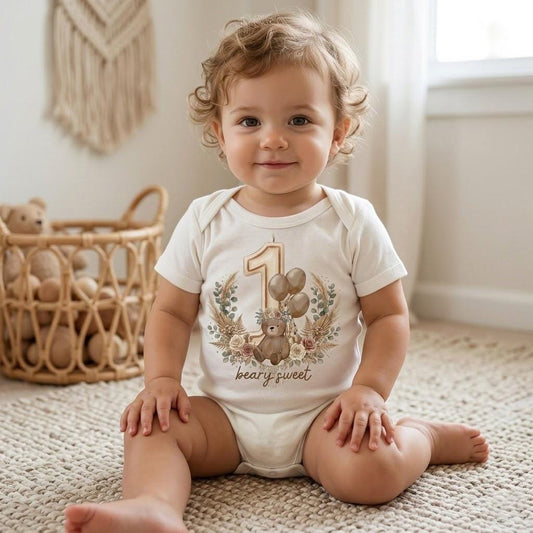 Beary Sweet 1st Birthday Bodysuit, Boho Teddy Bear Outfit, Woodland Baby Shower Gift