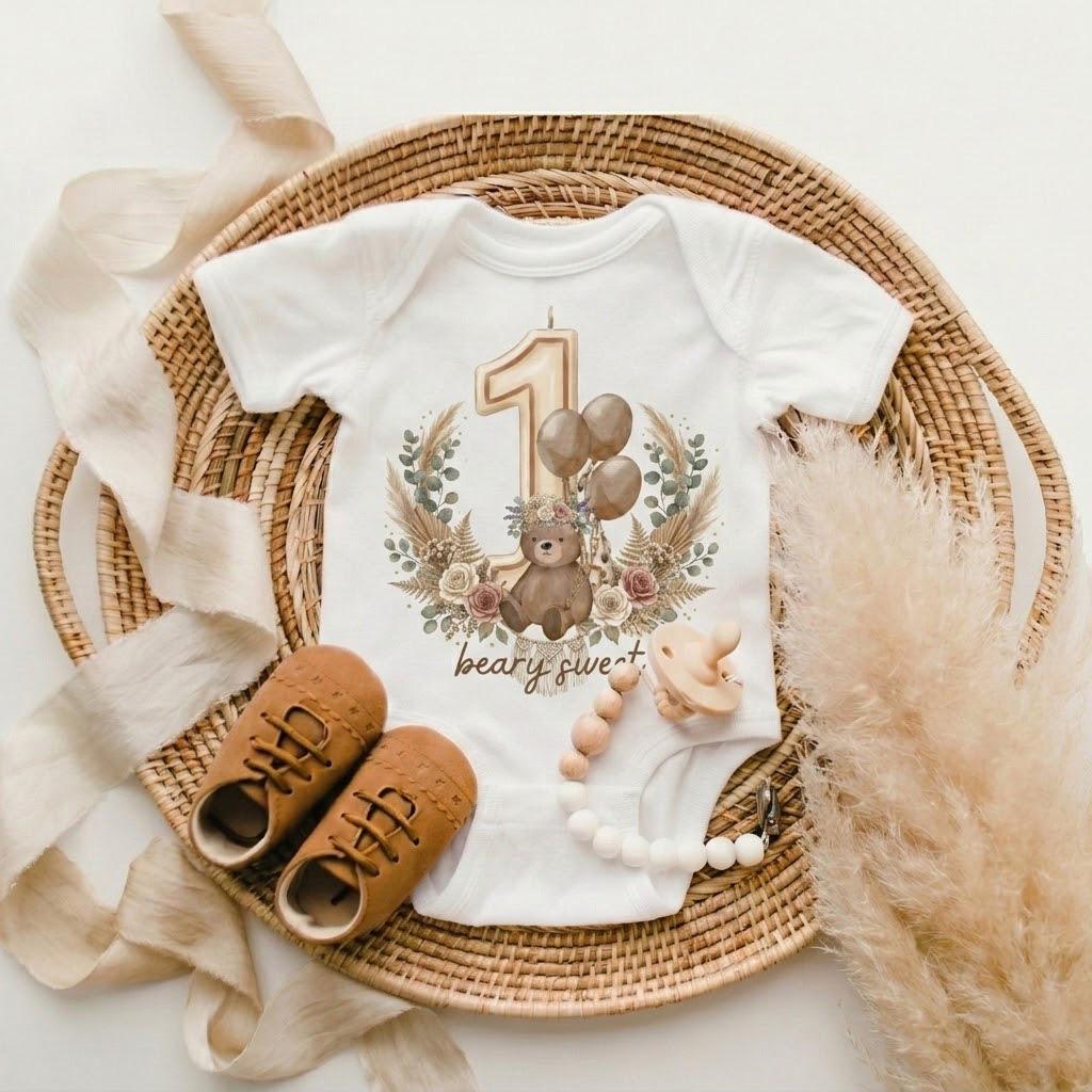 Beary Sweet 1st Birthday Bodysuit, Boho Teddy Bear Outfit, Woodland Baby Shower Gift