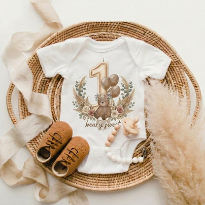 Beary Sweet 1st Birthday Bodysuit, Boho Teddy Bear Outfit, Woodland Baby Shower Gift