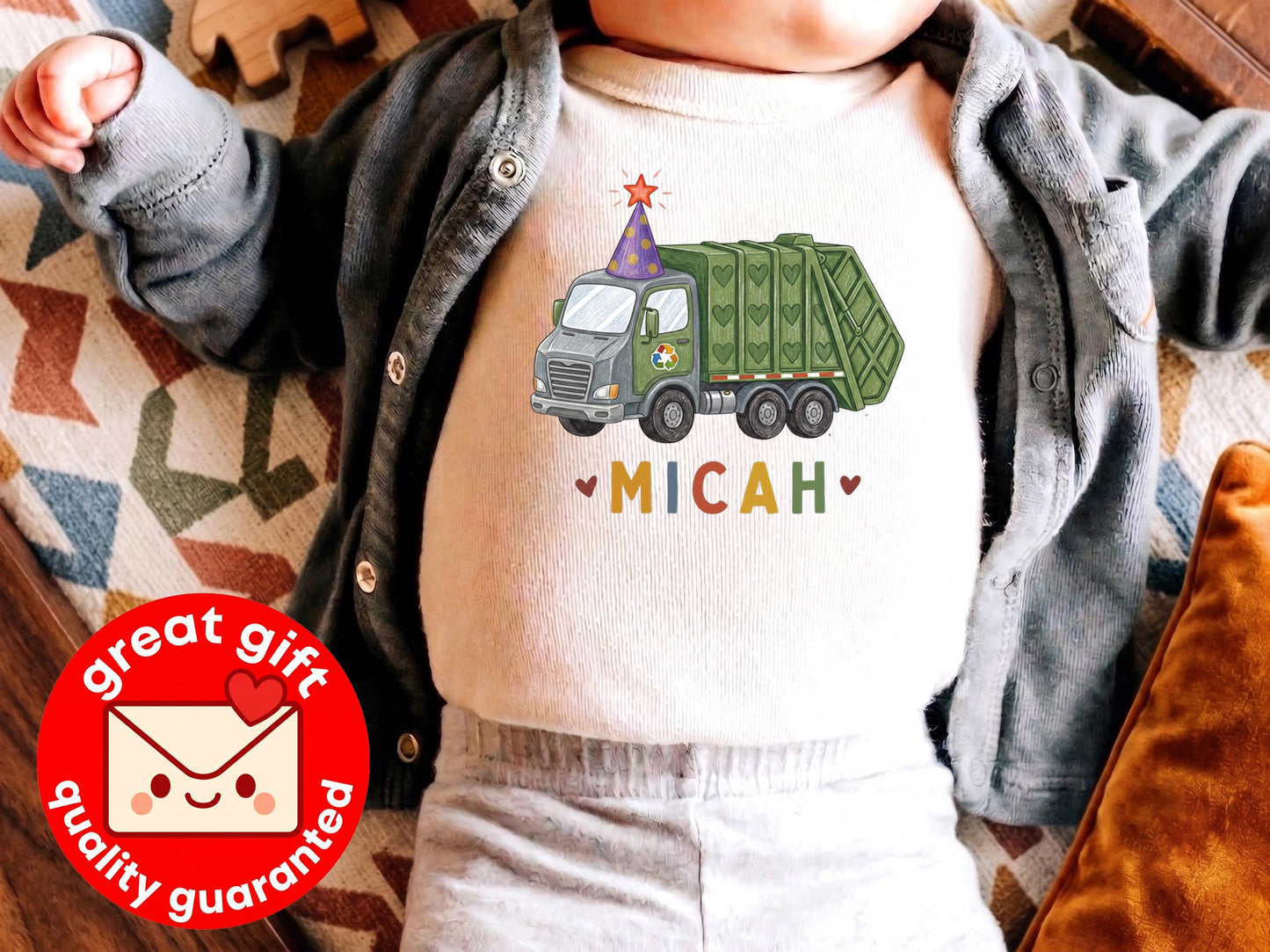 Personalized Garbage Truck Birthday Bodysuit, Custom Boy 1st Bday Shirt, Trash Truck Toddler Outfit, Hand Drawn Party Clothes