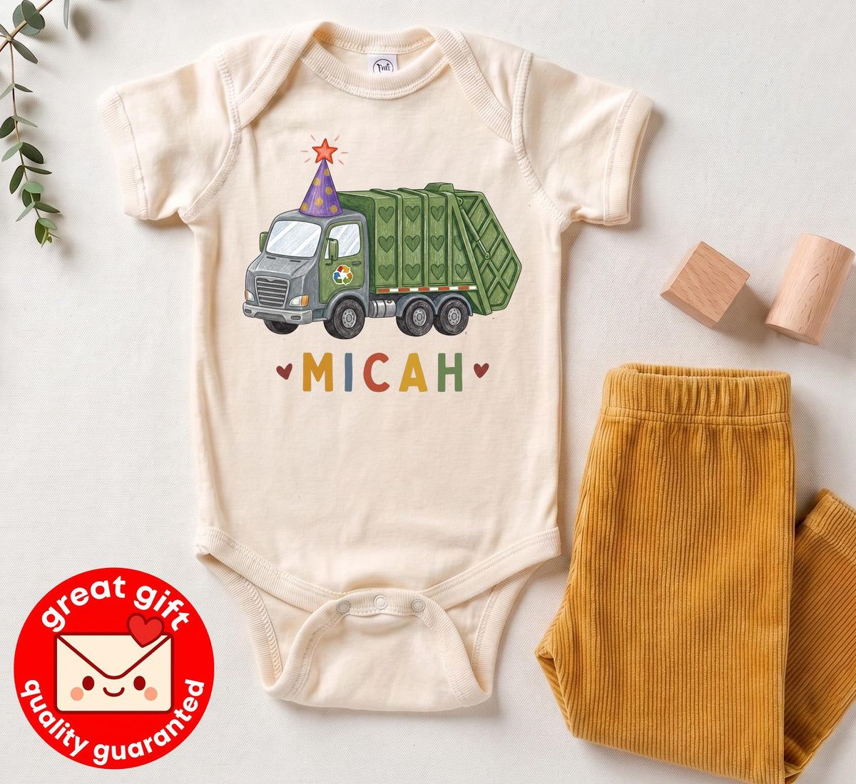 Personalized Garbage Truck Birthday Bodysuit, Custom Boy 1st Bday Shirt, Trash Truck Toddler Outfit, Hand Drawn Party Clothes