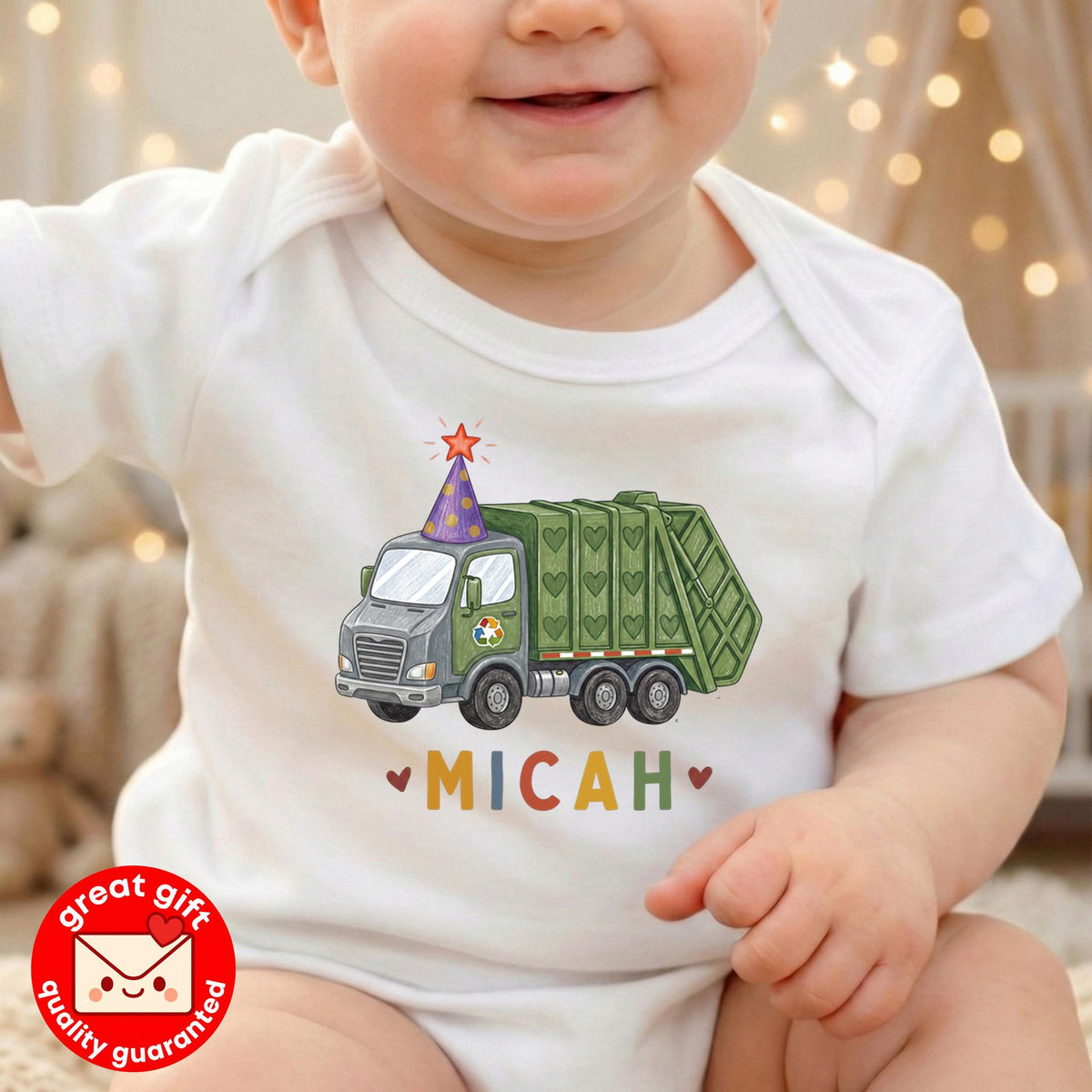 Personalized Garbage Truck Birthday Bodysuit, Custom Boy 1st Bday Shirt, Trash Truck Toddler Outfit, Hand Drawn Party Clothes