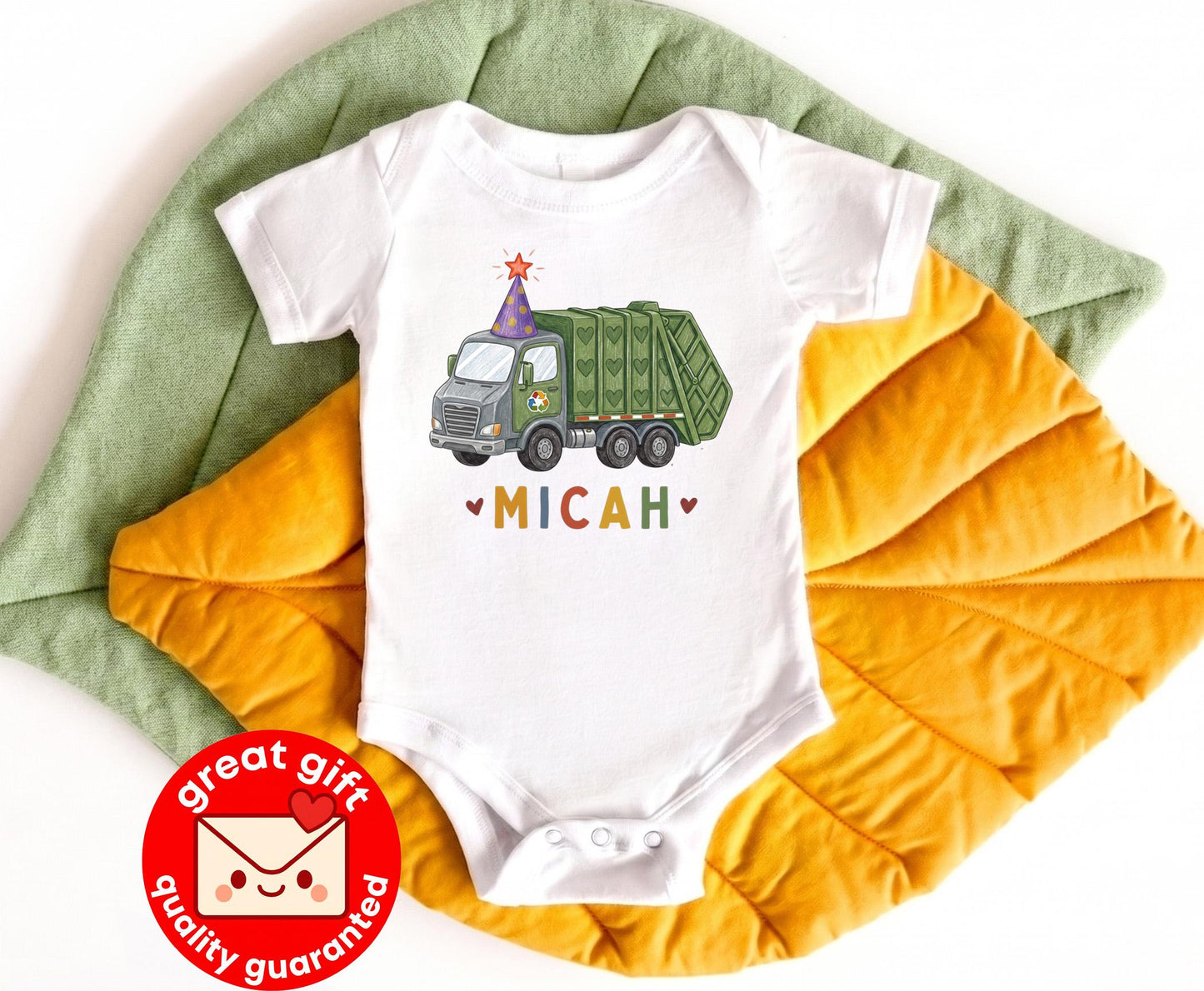 Personalized Garbage Truck Birthday Bodysuit, Custom Boy 1st Bday Shirt, Trash Truck Toddler Outfit, Hand Drawn Party Clothes