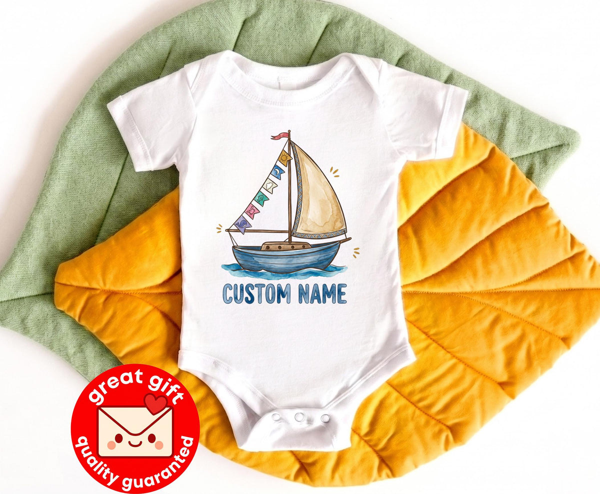 Personalized Sailboat 1st Birthday Bodysuit, Custom Name Nautical Baby Shirt, Sailing Into One Outfit, Watercolor Boy Toddler Tee