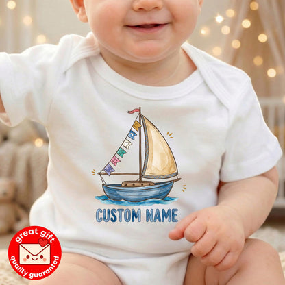 Personalized Sailboat 1st Birthday Bodysuit, Custom Name Nautical Baby Shirt, Sailing Into One Outfit, Watercolor Boy Toddler Tee