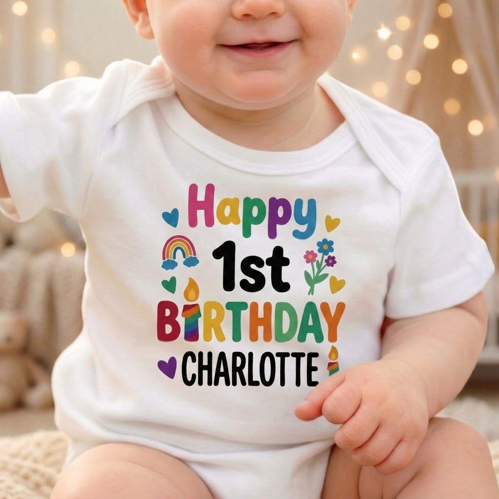 Personalized Rainbow Birthday Baby Girl Shirt, Custom Name Onesie Outfit
