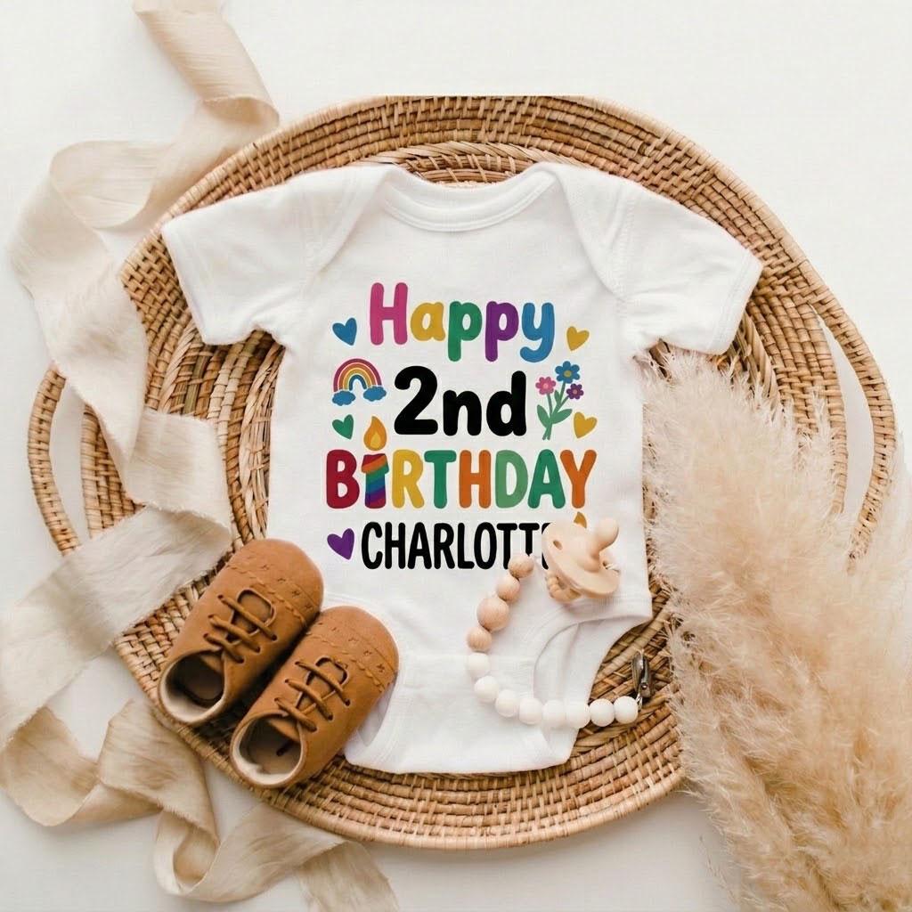 Personalized Rainbow 2nd Birthday Shirt, Custom Toddler Outfit, Happy Birthday Tee