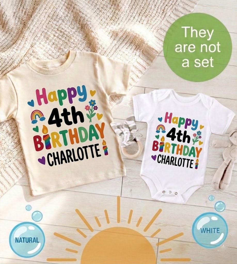 Personalized Floral Birthday Shirt, Custom Four Year Old Outfit, Happy 4th Birthday Tee