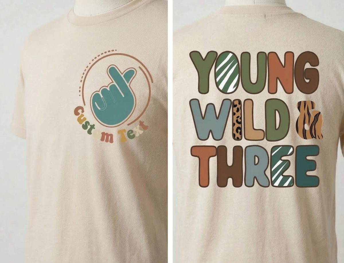 Personalized Young Wild Three Birthday Shirt, Safari Zoo Party Tee, Retro Rainbow Toddler