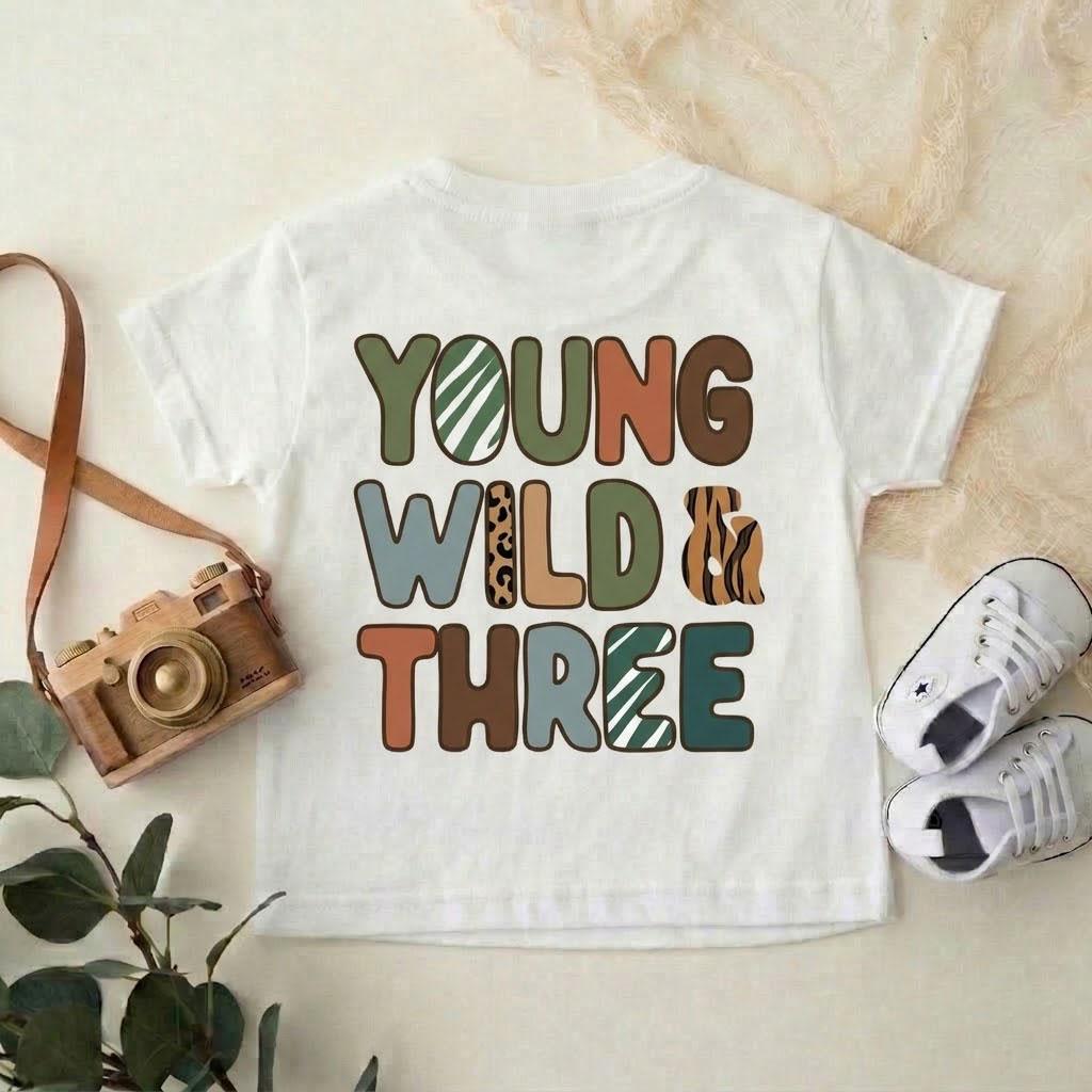 Personalized Young Wild Three Birthday Shirt, Safari Zoo Party Tee, Retro Rainbow Toddler