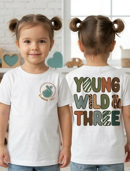 Personalized Young Wild Three Birthday Shirt, Safari Zoo Party Tee, Retro Rainbow Toddler