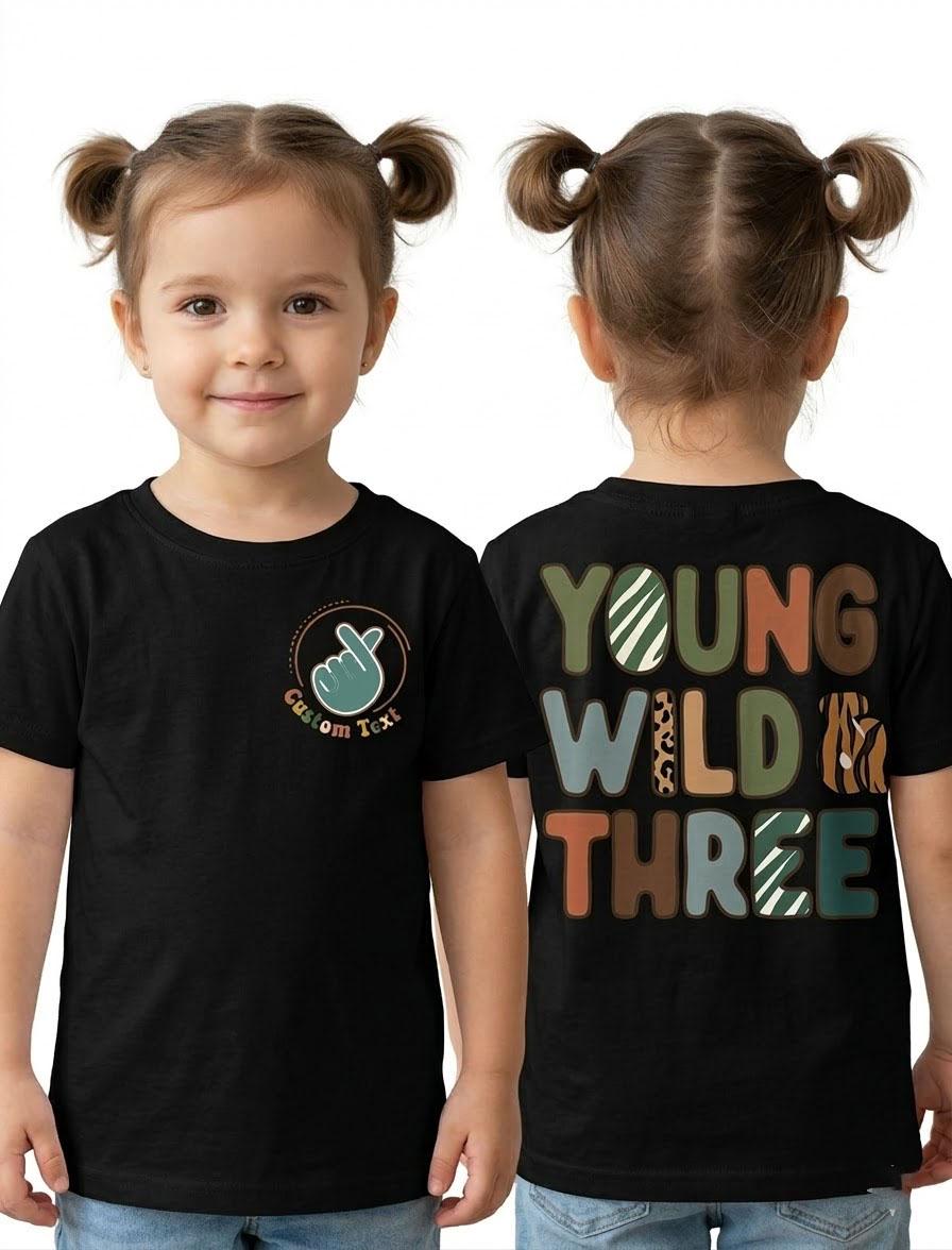 Personalized Young Wild Three Birthday Shirt, Safari Zoo Party Tee, Retro Rainbow Toddler