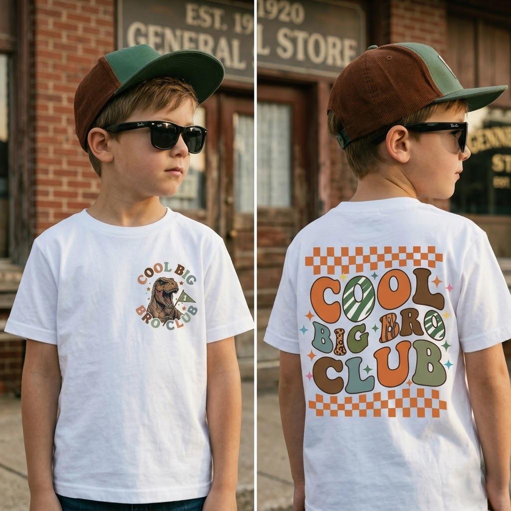 Cool Big Bro Club Dinosaur Shirt, Retro Promoted To Big Brother Announcement Tee, Toddler Boy Checkered Sibling Reveal Gift, 2026 Dino Top