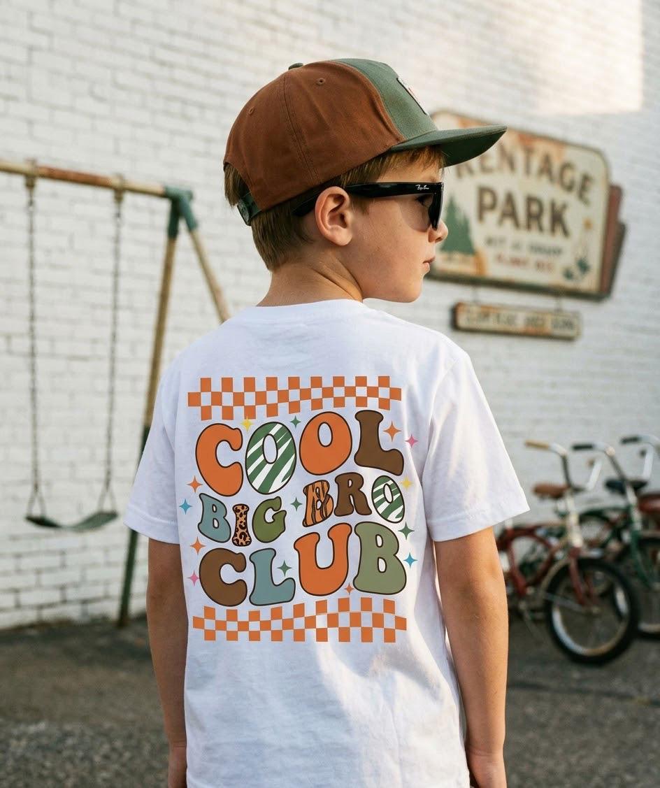 Cool Big Bro Club Dinosaur Shirt, Retro Promoted To Big Brother Announcement Tee, Toddler Boy Checkered Sibling Reveal Gift, 2026 Dino Top