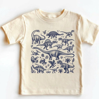 Vintage Dinosaur Shirt for Toddler Boys, Boho Neutral Kids Graphic Tee, T-Rex & Stegosaurus Print, Paleontology Birthday Gift