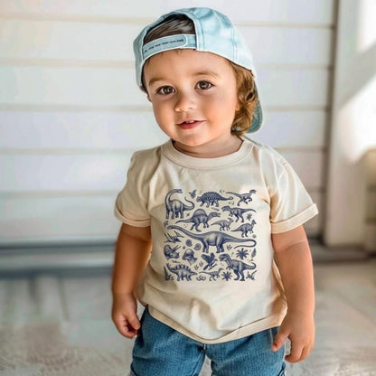 Vintage Dinosaur Shirt for Toddler Boys, Boho Neutral Kids Graphic Tee, T-Rex & Stegosaurus Print, Paleontology Birthday Gift