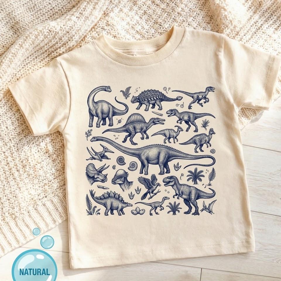 Vintage Dinosaur Shirt for Toddler Boys, Boho Neutral Kids Graphic Tee, T-Rex & Stegosaurus Print, Paleontology Birthday Gift