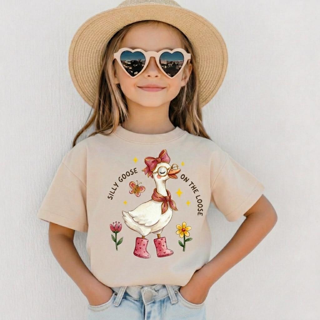 Silly Goose On The Loose Shirt, Pink Retro Toddler Girl Tee, Funny Kids Coquette Clothing, Natural Cotton Baby Bodysuit, Cute Duck Top