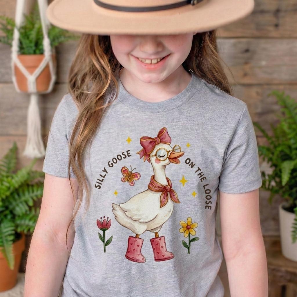Silly Goose On The Loose Shirt, Pink Retro Toddler Girl Tee, Funny Kids Coquette Clothing, Natural Cotton Baby Bodysuit, Cute Duck Top