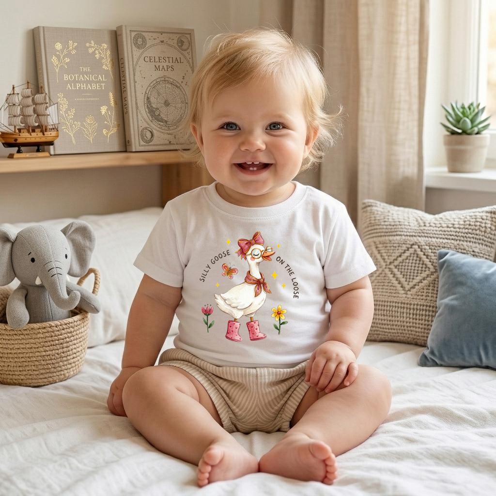 Silly Goose On The Loose Shirt, Pink Retro Toddler Girl Tee, Funny Kids Coquette Clothing, Natural Cotton Baby Bodysuit, Cute Duck Top