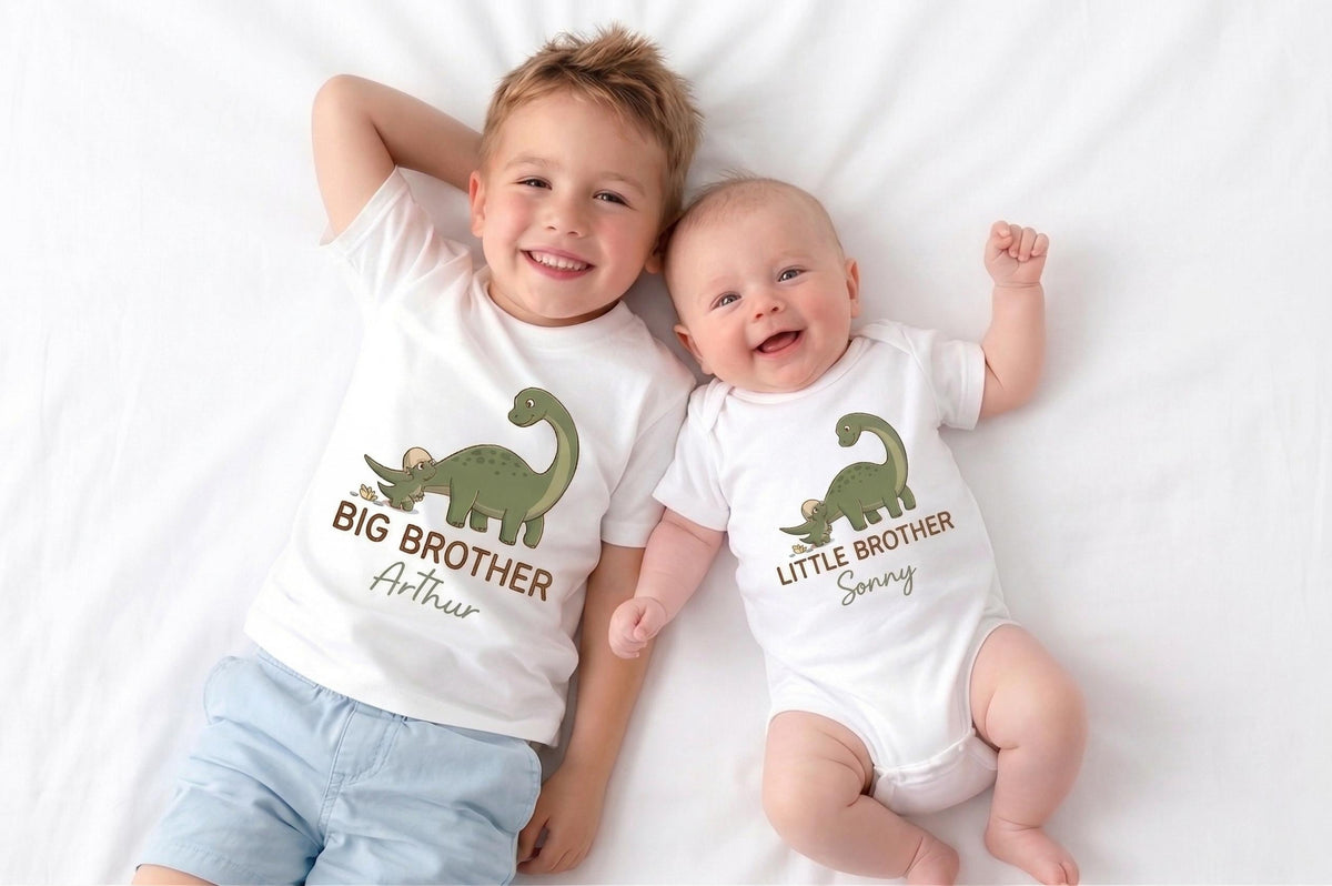 Personalized Dinosaur Sibling Shirts, Big Brother Little Sister Matching Outfit, Promoted to Big Brother 2026, Pregnancy Reveal Gift