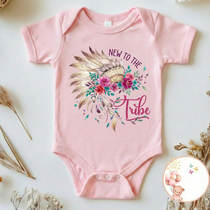 New To The Tribe Boho Baby Girl Bodysuit, Floral Feather Headdress Shirt, Cute Newborn Shower Gift, Wildflower Infant Clothes