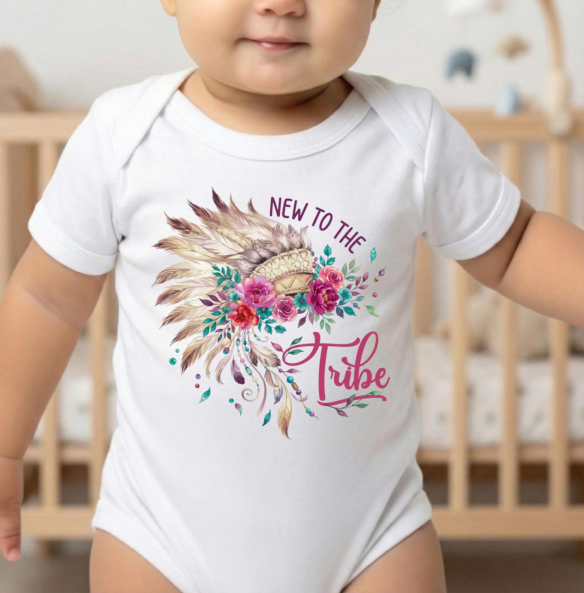 New To The Tribe Boho Baby Girl Bodysuit, Floral Feather Headdress Shirt, Cute Newborn Shower Gift, Wildflower Infant Clothes