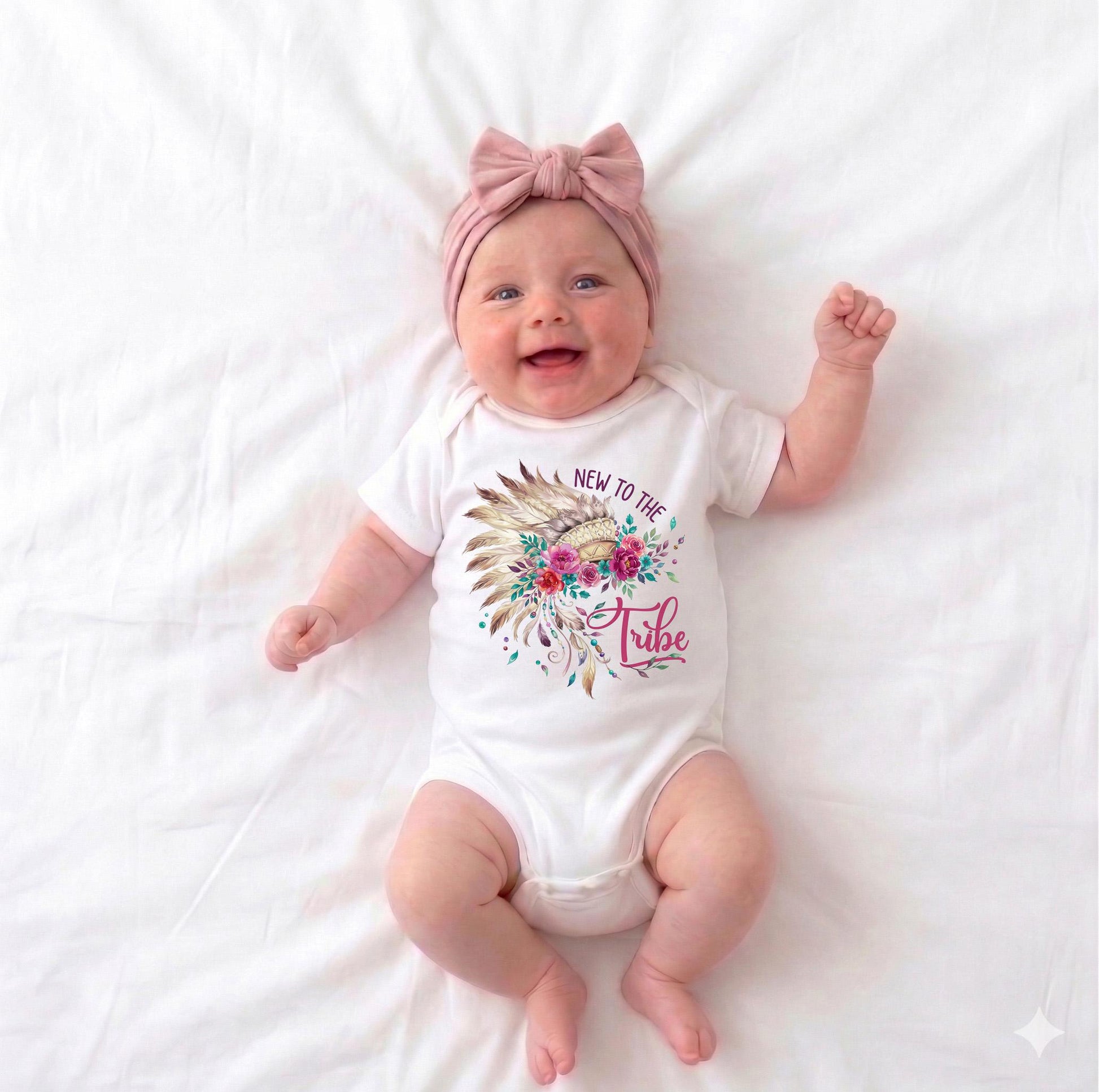 New To The Tribe Boho Baby Girl Bodysuit, Floral Feather Headdress Shirt, Cute Newborn Shower Gift, Wildflower Infant Clothes