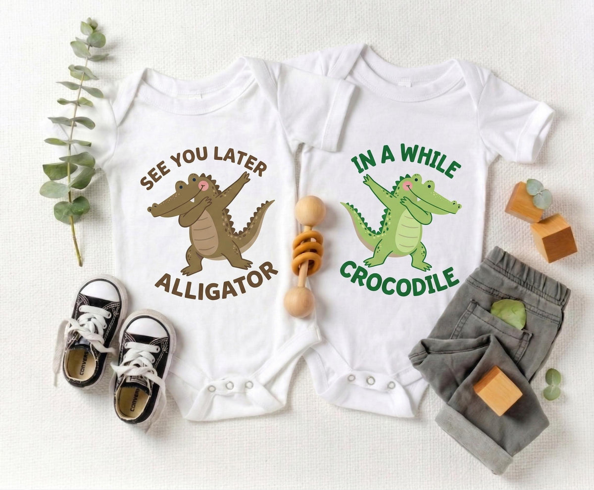 Dabbing Alligator Twin Onesies, See You Later Alligator In A While Crocodile, Funny Twin Bodysuit, Baby Shower Gift, Sibling Shirts