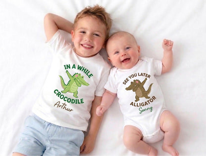 Dabbing Alligator Twin Onesies, See You Later Alligator In A While Crocodile, Funny Twin Bodysuit, Baby Shower Gift, Sibling Shirts
