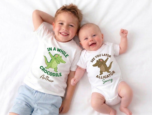 Dabbing Alligator Twin Onesies, See You Later Alligator In A While Crocodile, Funny Twin Bodysuit, Baby Shower Gift, Sibling Shirts
