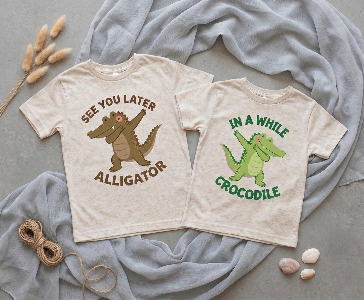 Dabbing Alligator Twin Onesies, See You Later Alligator In A While Crocodile, Funny Twin Bodysuit, Baby Shower Gift, Sibling Shirts