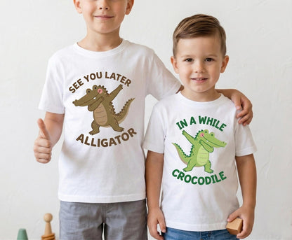 Dabbing Alligator Twin Onesies, See You Later Alligator In A While Crocodile, Funny Twin Bodysuit, Baby Shower Gift, Sibling Shirts