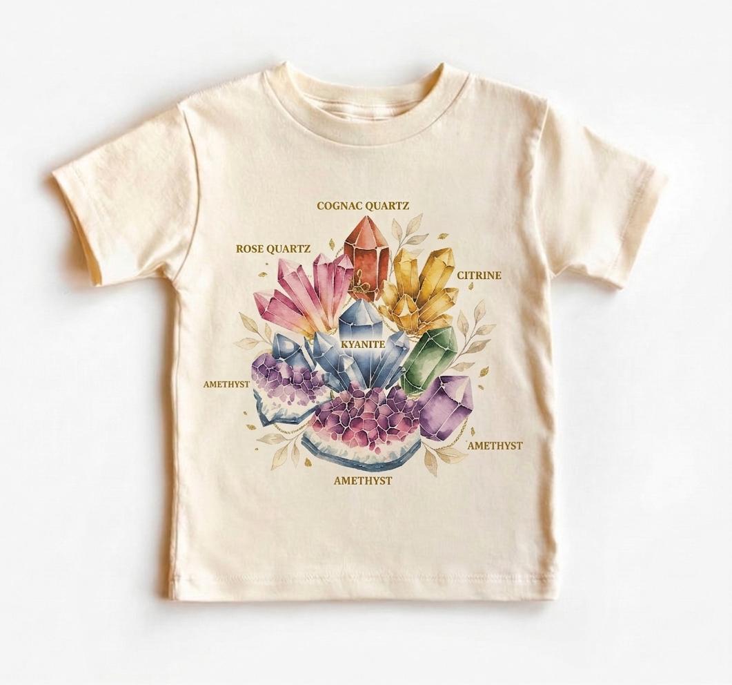 Crystal Kids Shirt, Boho Gemstone Toddler T-Shirt, Mystical Rockhound Youth Tee, Watercolor Crystal Wheel Gift
