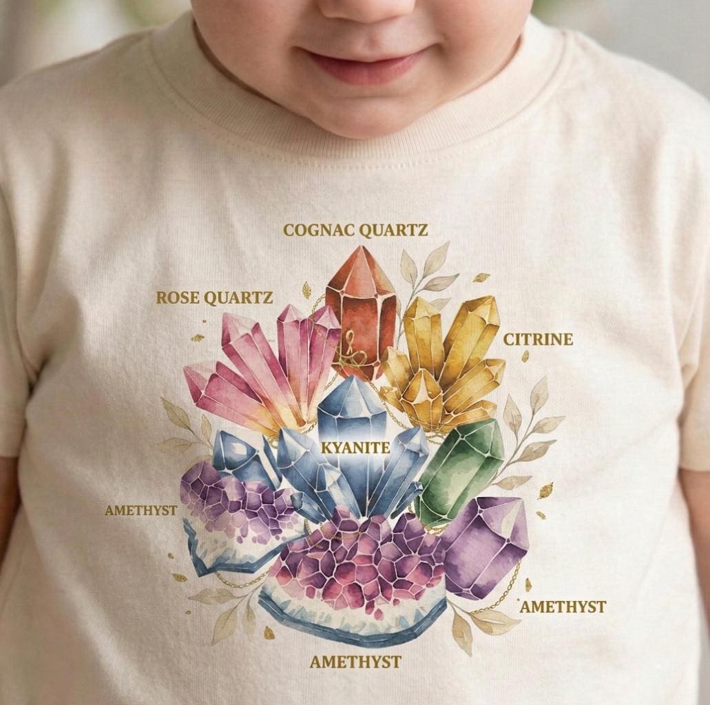 Crystal Kids Shirt, Boho Gemstone Toddler T-Shirt, Mystical Rockhound Youth Tee, Watercolor Crystal Wheel Gift