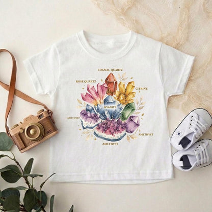 Crystal Kids Shirt, Boho Gemstone Toddler T-Shirt, Mystical Rockhound Youth Tee, Watercolor Crystal Wheel Gift