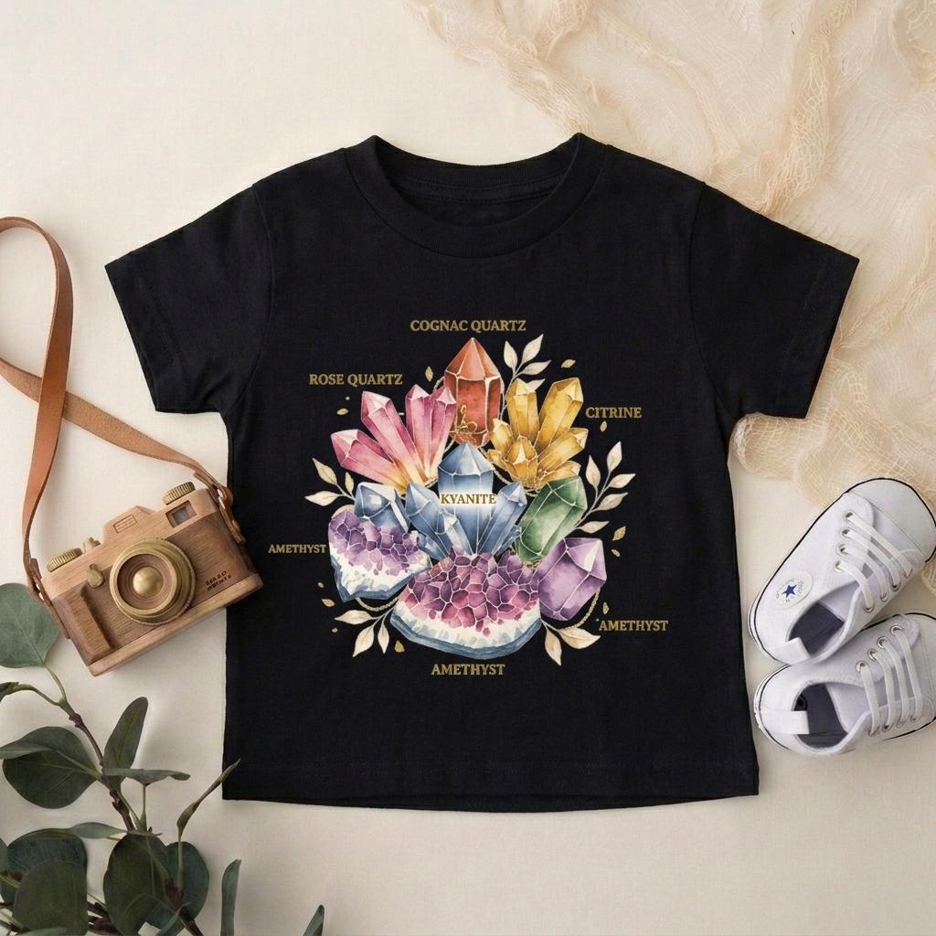 Crystal Kids Shirt, Boho Gemstone Toddler T-Shirt, Mystical Rockhound Youth Tee, Watercolor Crystal Wheel Gift